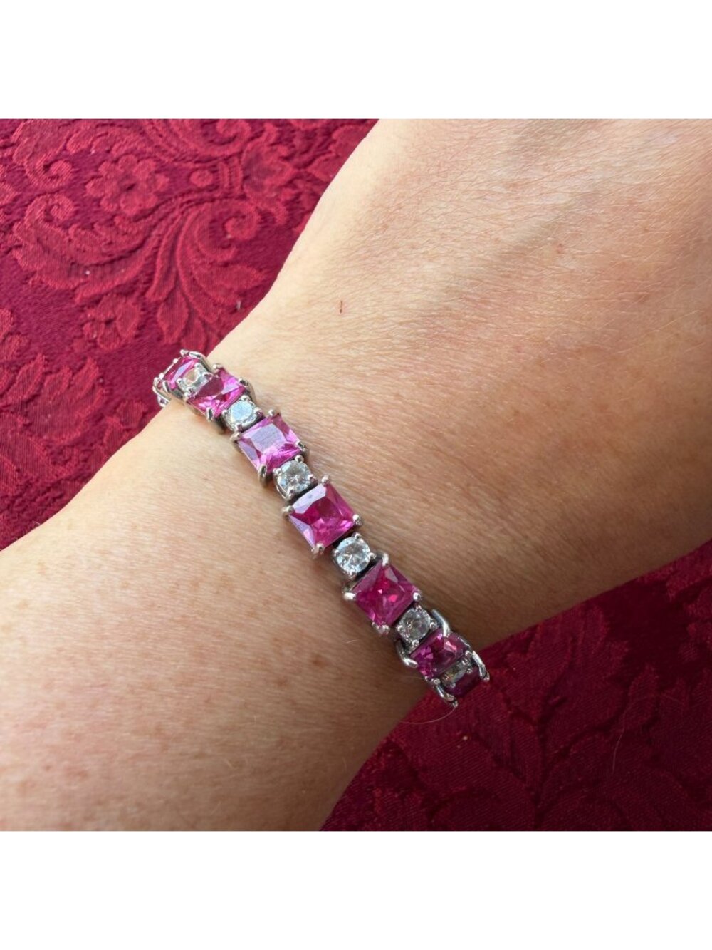 Vintage Sterling Silver Pink Sapphire CZ Tennis Bracelet 925 Princess Cut Ywk